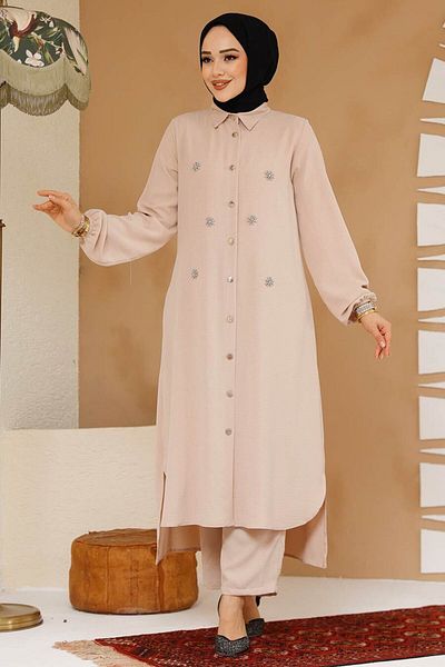 Neva Style طقم حجاب بيج مكون من قطعتين - خرزة محددة 12082BEJ