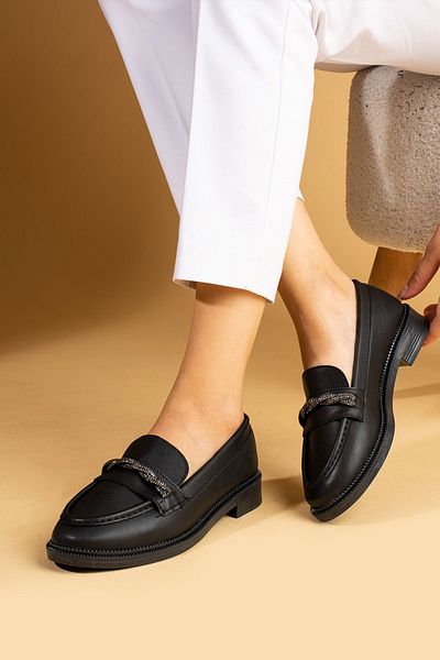 Pembe Potin Black Loafer - Γυναικεία παπούτσια με casual αγκράφες και άνετες σόλες
