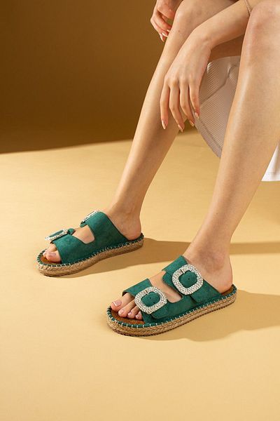 Pembe Potin Women's Green Suede Crystal Double Buckle Poly Comfortable Straw Sole Slippers Sandals