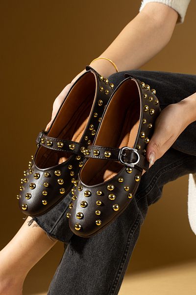 Pembe Potin Women's Flats Brown Studded Strap Lightweight Comfortable Sole Stylish Casual Shoes