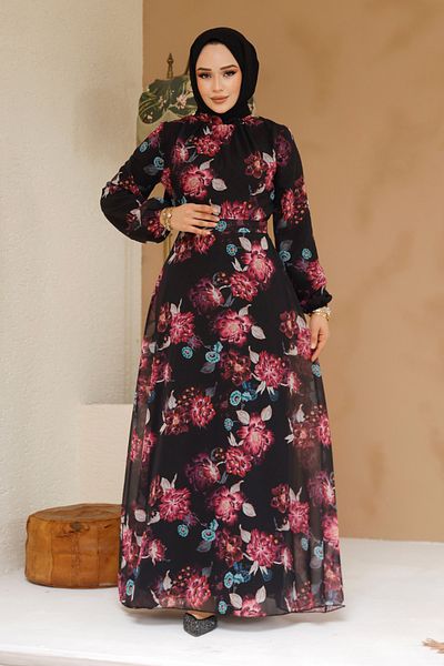 Neva Style Floral Patterned Black Hijab Dress 27965S