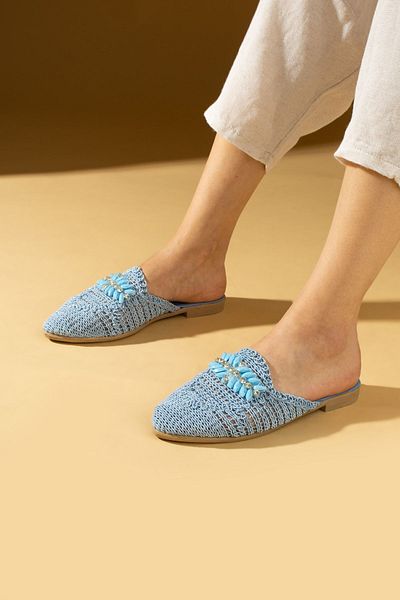 Pembe Potin Women's Blue Lace Embroidered Stone Buckle Home Slippers Wooden Sole Outdoor Slippers
