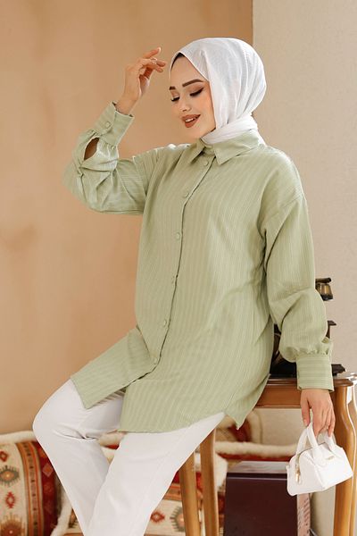Neva Style Cămașă hijab verde fistic cu dungi 30702FY