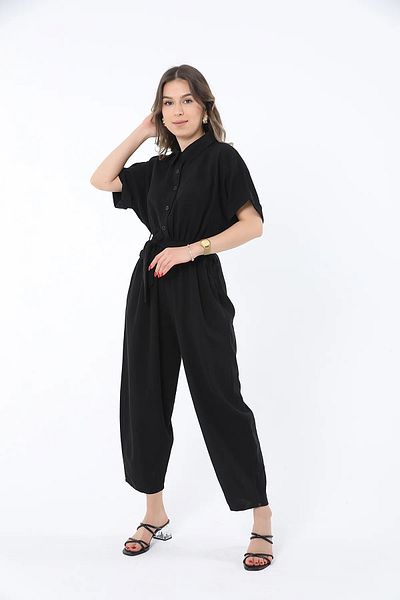 Nazline Women's Belted Buttoned Shirt Collar Linen Jumpsuit
