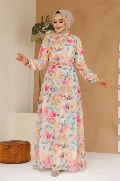Neva Style Floral Patterned Yellow Hijab Dress 27984Sr