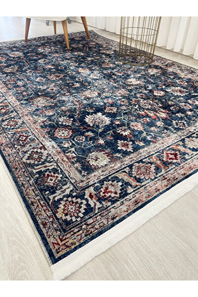 Brillant Lacivert Eskitme Görünümlü Lateks Kaymaz Taban Halı