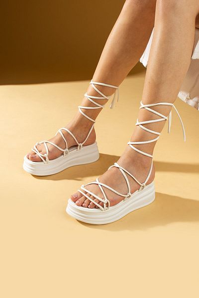 Pembe Potin White Strapped Gladiator Comfortable Women's Sandals - Poly Sole
