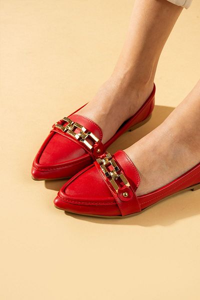 Pembe Potin Lightweight Comfortable Women's Ballerinas with Red Chain Buckle - Stylish Casual Shoes