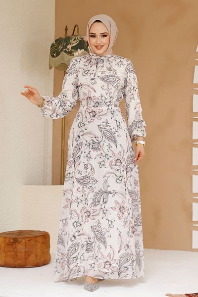 Neva Style Φόρεμα Hijab Ecru με λουλούδια 27973e