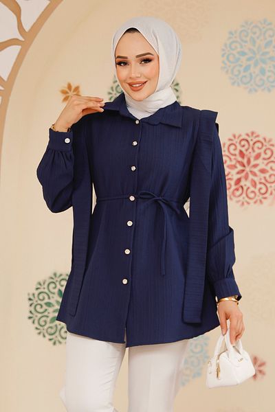 Neva Style تونيك حجاب باللون الأزرق الداكن مع تفاصيل حزام على الكتفين 10131L