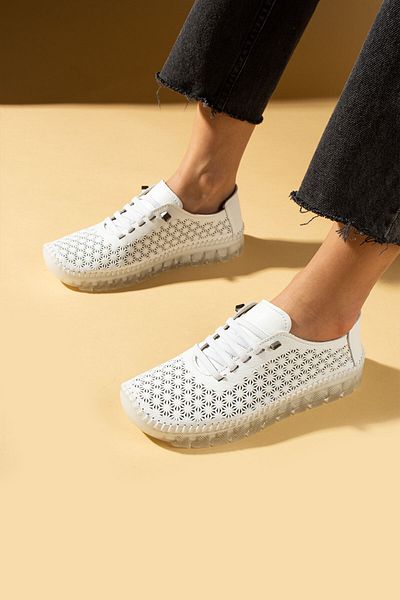 Pembe Potin White Laser Women's Orthopedic Genuine Leather Comfortable Comfort Sole Daily Casual Sports Shoes