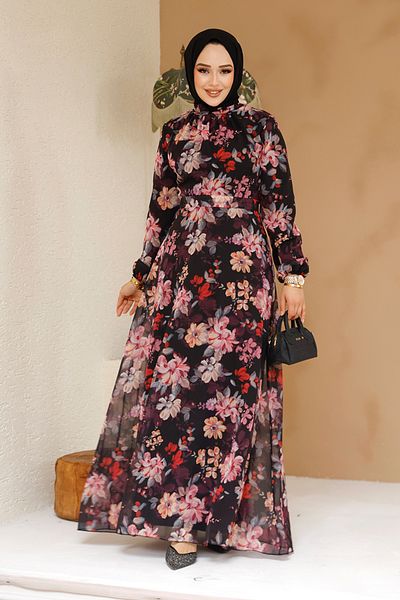 Neva Style فستان حجاب أسود منقوش بالزهور 27979S