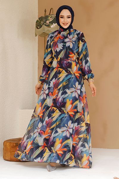 Neva Style Floral Patterned Navy Blue Hijab Dress 27977L