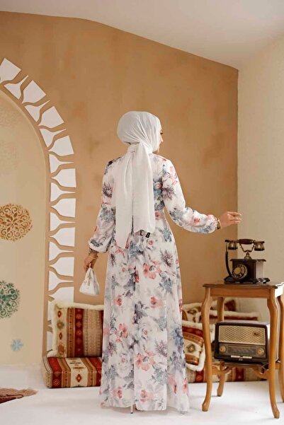 Neva Style Φόρεμα Hijab Λευκό Γκρι με Λουλούδια 27962BGR