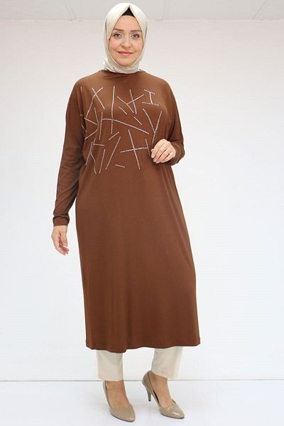 Eslina 58021 Large Size Stone Printed Combed Cotton Tunic - Brown