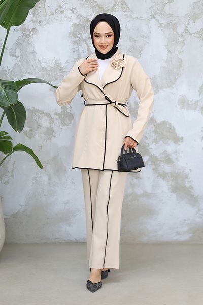 Neva Style سترة بيج حجاب طقم مزدوج 40051BEJ