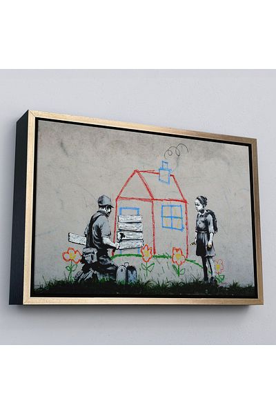 Harita Sepeti Tablou pe pânză pentru băiat Bansky într-un cadru de aur care acoperă ușa casei