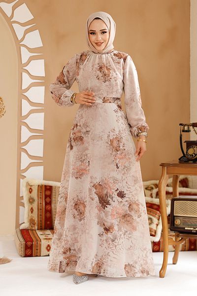 Neva Style Floral Patterned Beige Hijab Dress 27967Bej
