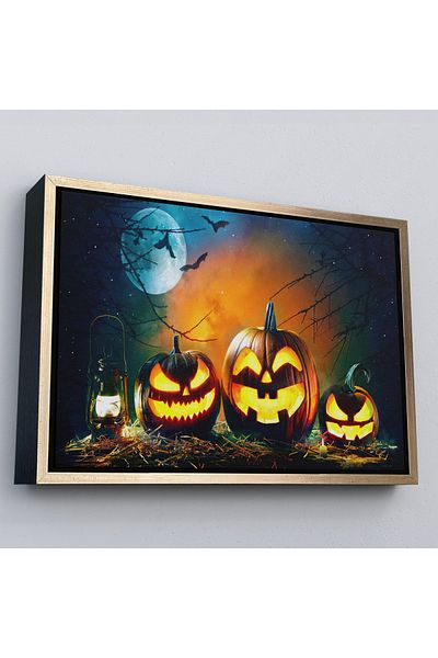 Harita Sepeti Lampă cu gaz și dovleci sculptate cu cadru auriu, pictură decorativă de Halloween