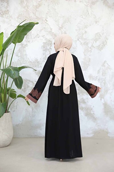 Neva Style Embroidery Patterned Black Dark Mink Hijab Abaya Suit 29128Skv
