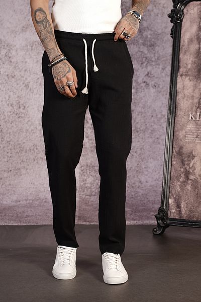 Butik TREND BIZ Παντελόνι με κανονική εφαρμογή από λινό ύφασμα Lycra με ελαστική μέση και κορδόνι