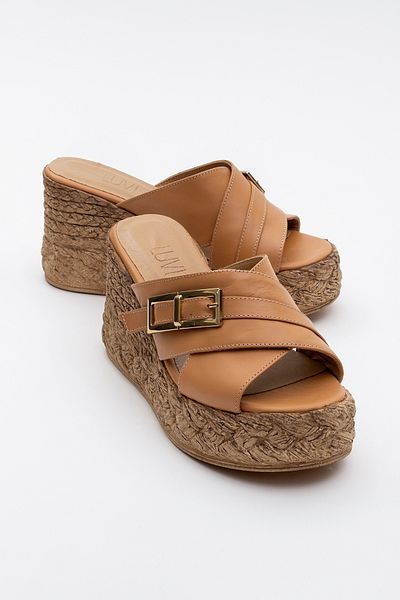 LuviShoes Palmas Tan Skin Genuine Leather Women's Wedge Heeled Slippers
