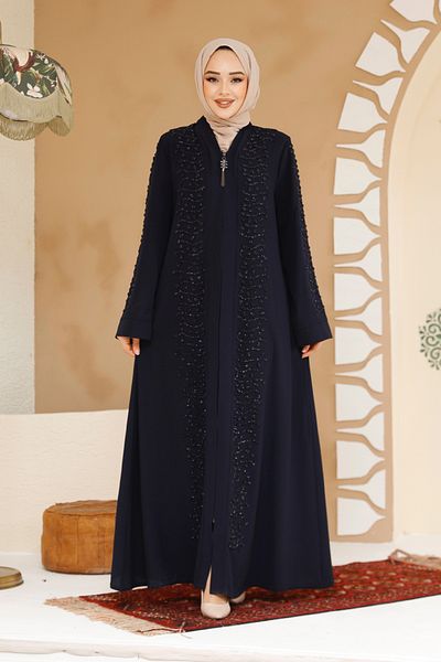 Neva Style Bead Embroidered Navy Blue Hijab Ferace 29127L