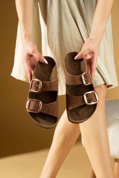 Pembe Potin Tan Tan Unisex Orthopedic Sole Slippers Double Banded Buckle Daily Comfortable Slippers