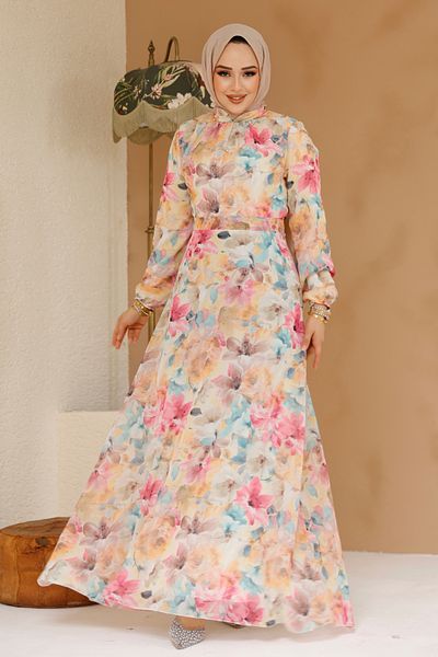 Neva Style Floral Patterned Yellow Hijab Dress 27984Sr