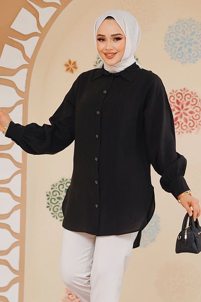 Neva Style تونيك حجاب أسود بأزرار 10059S