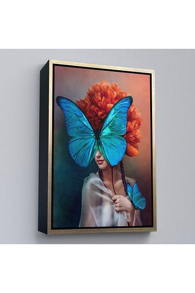 Harita Sepeti Blue Butterfly Woman Pictură în ulei Aspect Decorativ Pictură murală pe pânză cu cadru auriu