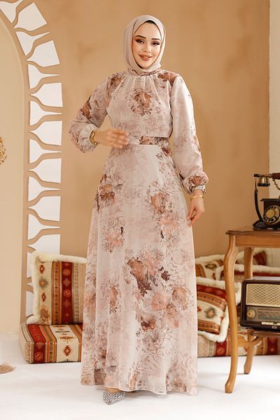 Neva Style Rochie Hijab Bej cu Motiv Floral 27967BEJ