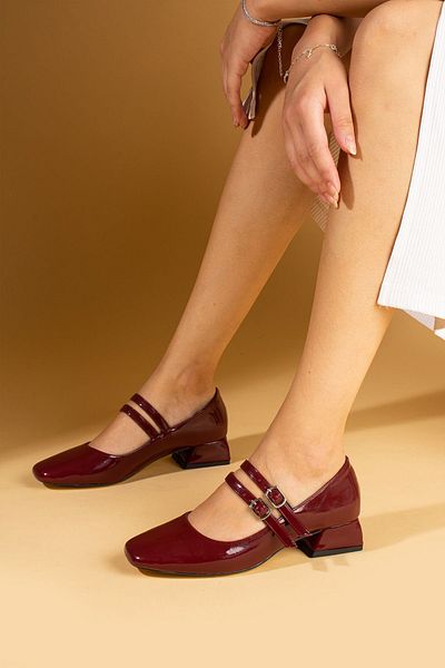 Pembe Potin Mary Jane Claret Red Patent Leather - Square Toe Double Helmet Women's Heeled Shoes