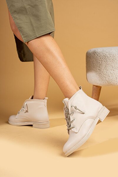 Pembe Potin Kadın Krem Bej Poli Taban Taşlı Bağcıklı Günlük Rahat Kalıp İçi Sıcak Astarlı Bot