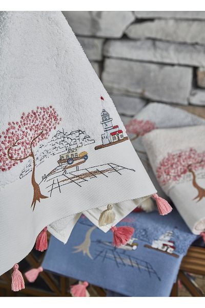Dantela Kod-8040 50x90 Cotton Embroidery and Tasseled Hand Towel Set - Mixed Set of 4