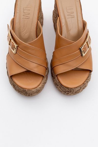 LuviShoes Palmas Tan Skin Genuine Leather Women's Wedge Heeled Slippers