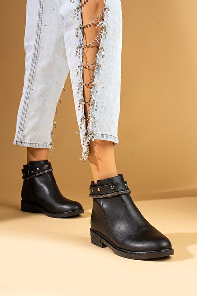 Pembe Potin Kadın Siyah Taşlı Poli Taban Fermuarlı Günlük Rahat Kalıp İçi Sıcak Astarlı Bot