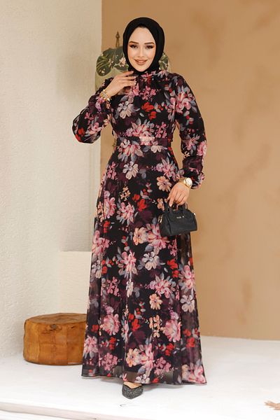 Neva Style فستان حجاب أسود منقوش بالزهور 27979S