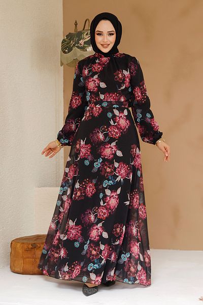 Neva Style Rochie neagră cu hijab cu imprimeu floral 27965S