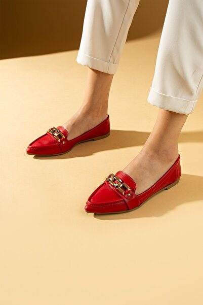 Pembe Potin Lightweight Comfortable Women's Ballerinas with Red Chain Buckle - Stylish Casual Shoes