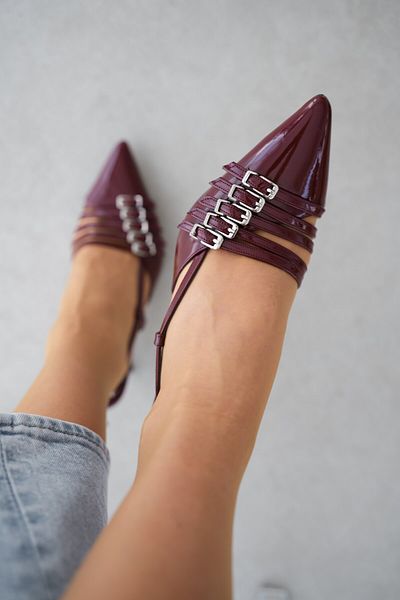 selinshoes Pena vârf ascuțit cu cinci benzi detaliu curea la gleznă pentru femei stiletto - piele lacuită roșu claret