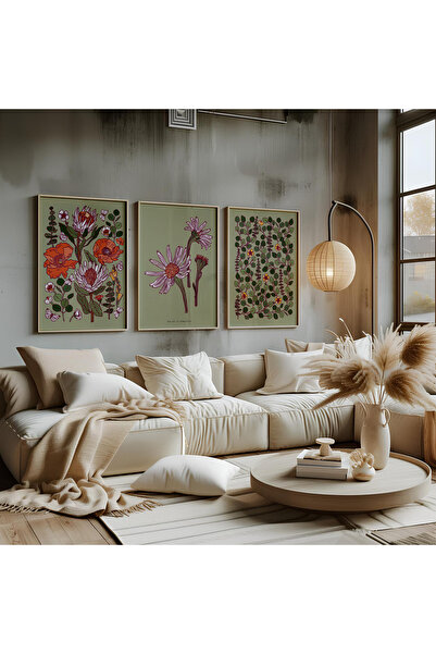 ARTCASTLE Set de 3 tablouri cu ramă din lemn Papatya