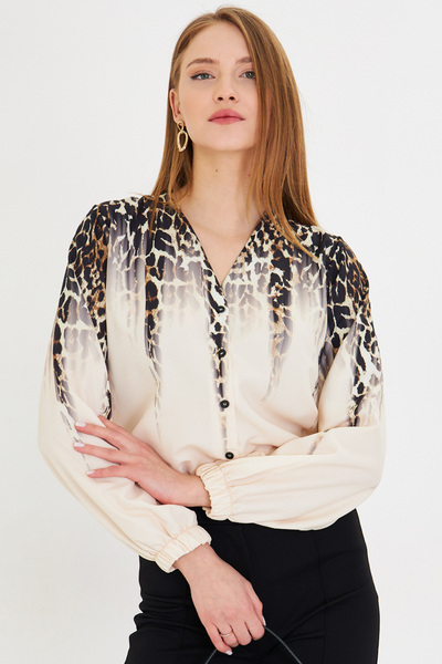 armonika Kadın Siyah-Bej Kolları Lastikli Desenli Gömlek ARM-25Y001014