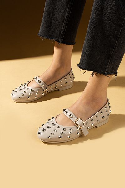 Pembe Potin Women's Ballerinas Beige Studded Strap Lightweight Comfortable Sole Stylish Casual Shoes