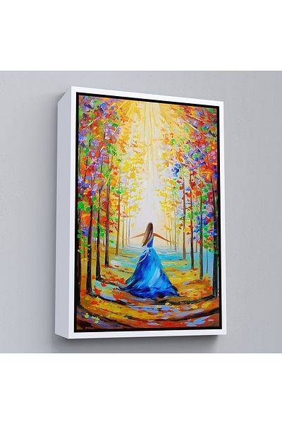 Harita Sepeti Tablou de femeie în rochie albastră, colorată, plimbându-se prin pădure, cu cadru alb