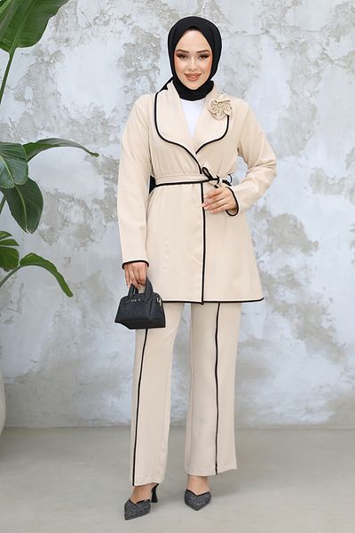 Neva Style سترة بيج حجاب طقم مزدوج 40051BEJ