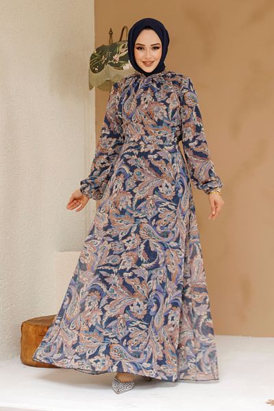 Neva Style Rochie Hijab Albastru Petrol cu ​​Model Floral 27975PM