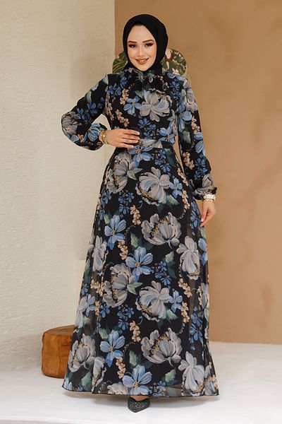 Neva Style Floral Patterned Black Hijab Dress 27971S