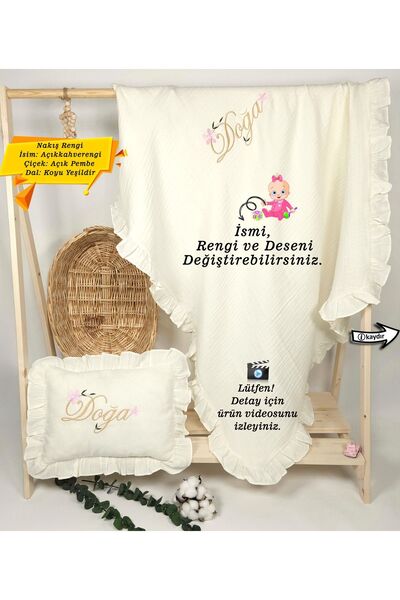 gros shop %100 Pamuk 4 Katlı Müslin Fırfırlı Battaniye Takı Yastığı Kılıfı (K...