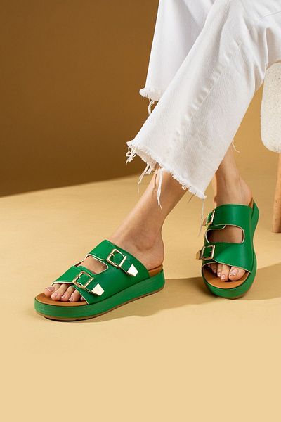Pembe Potin Women's Green Double Buckle Poly Comfortable Comfort Sole Stylish Style Slippers Sandals